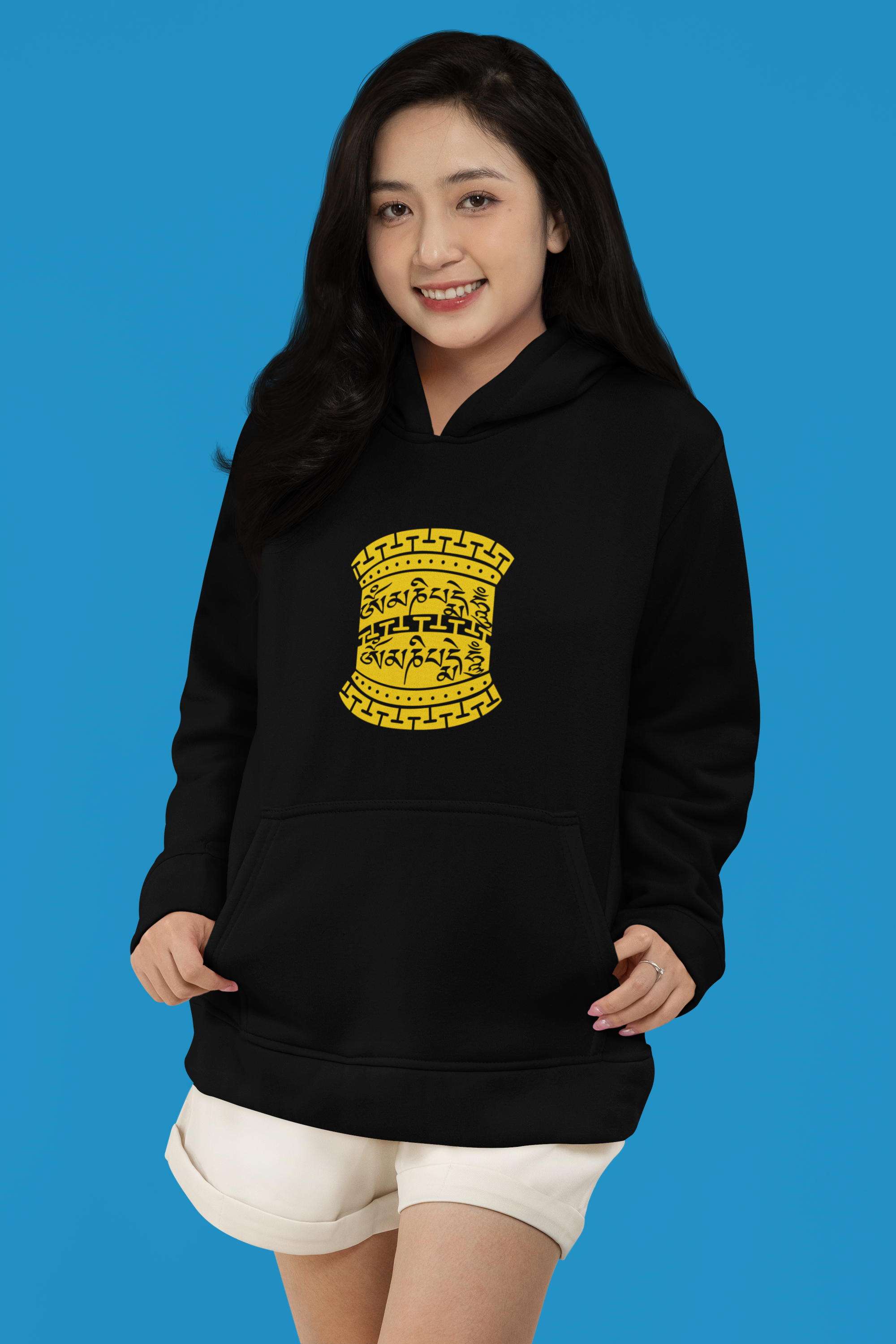 "Unisex hoodie featuring a detailed illustration of a Buddhist prayer wheel, symbolizing peace and compassion, crafted from soft and durable cotton-polyester fabric."