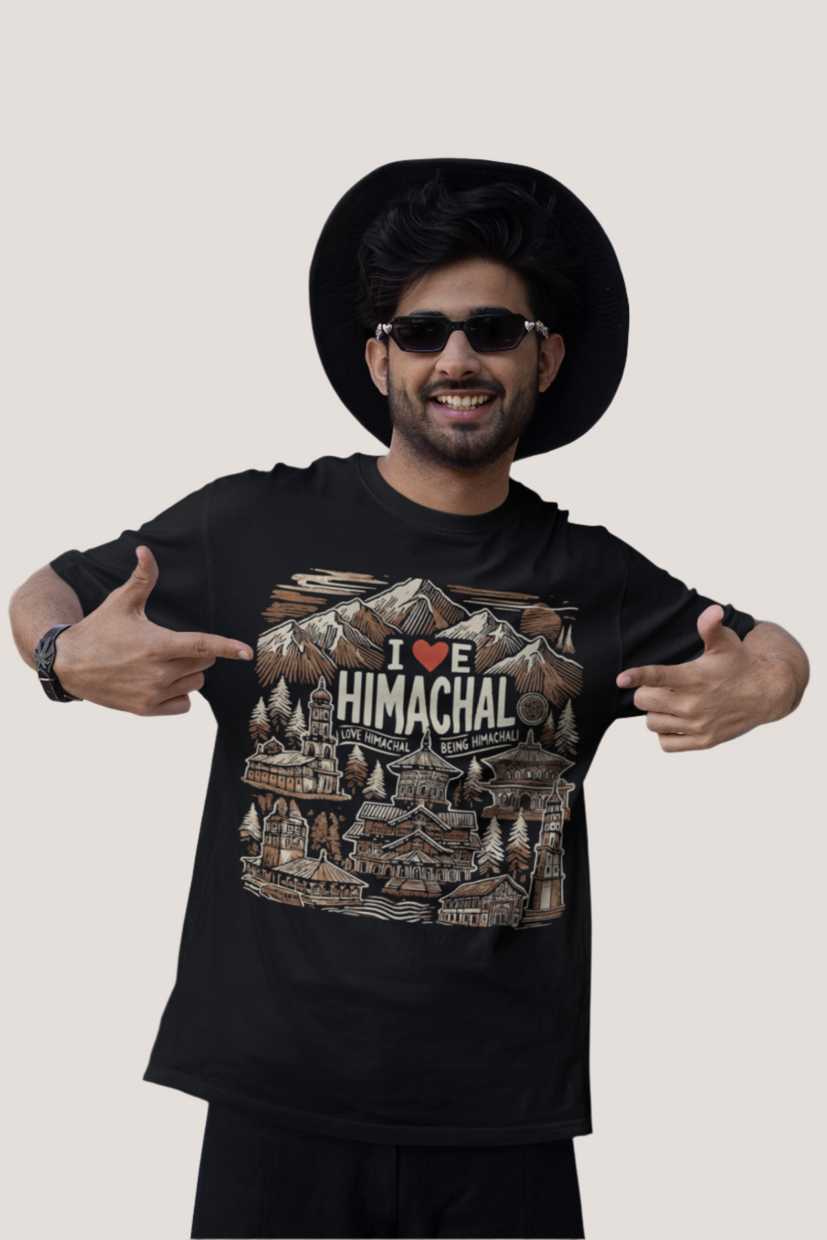 "Black T-shirt with DESIGN 'I LOVE HIMACHAL' featuring a red heart graphic, perfect for Himachal Pradesh lovers and travel enthusiasts."